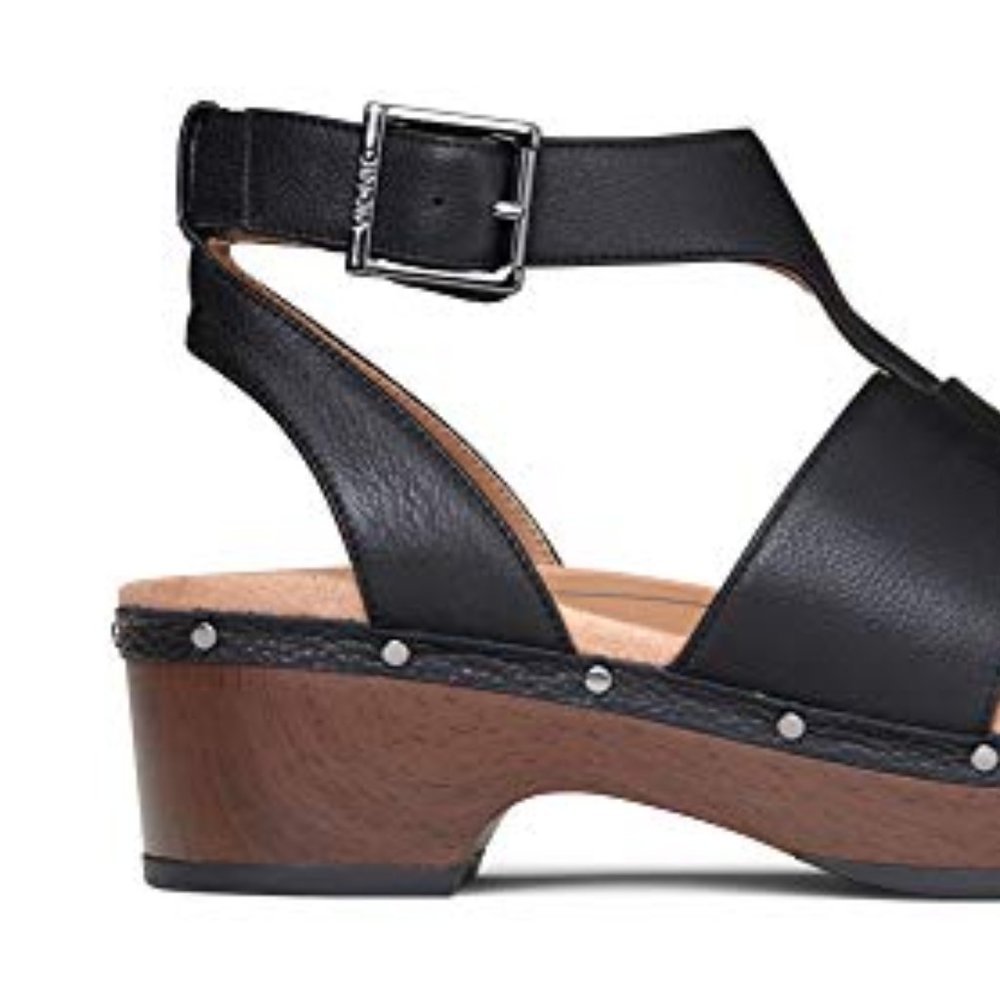 Vionic Black Leather Clogs with Tan Wooden Sole - Picture 2 of 10